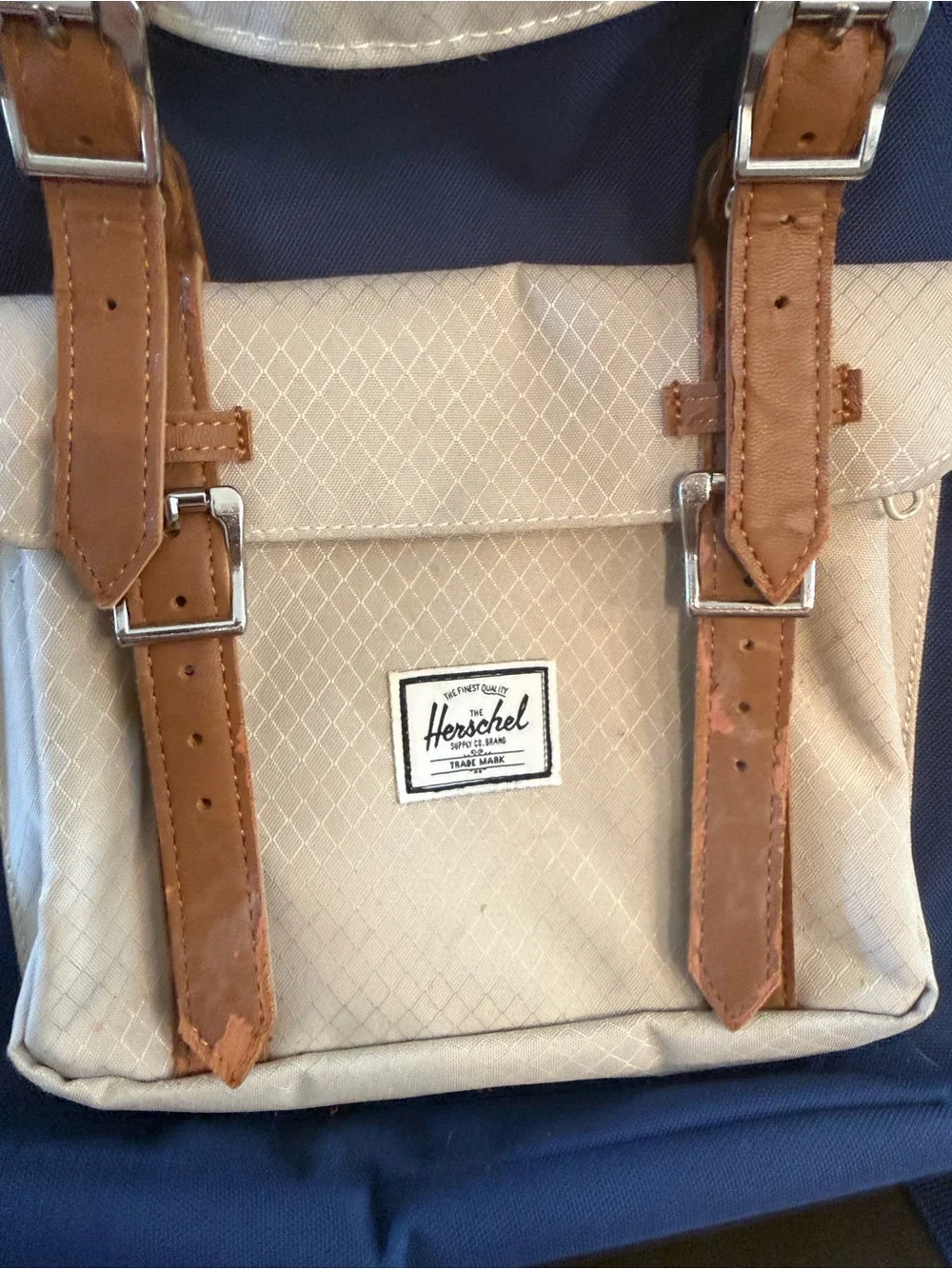 Herschel Supply Company Navy and Cream Canvas Backpack with Tan Straps